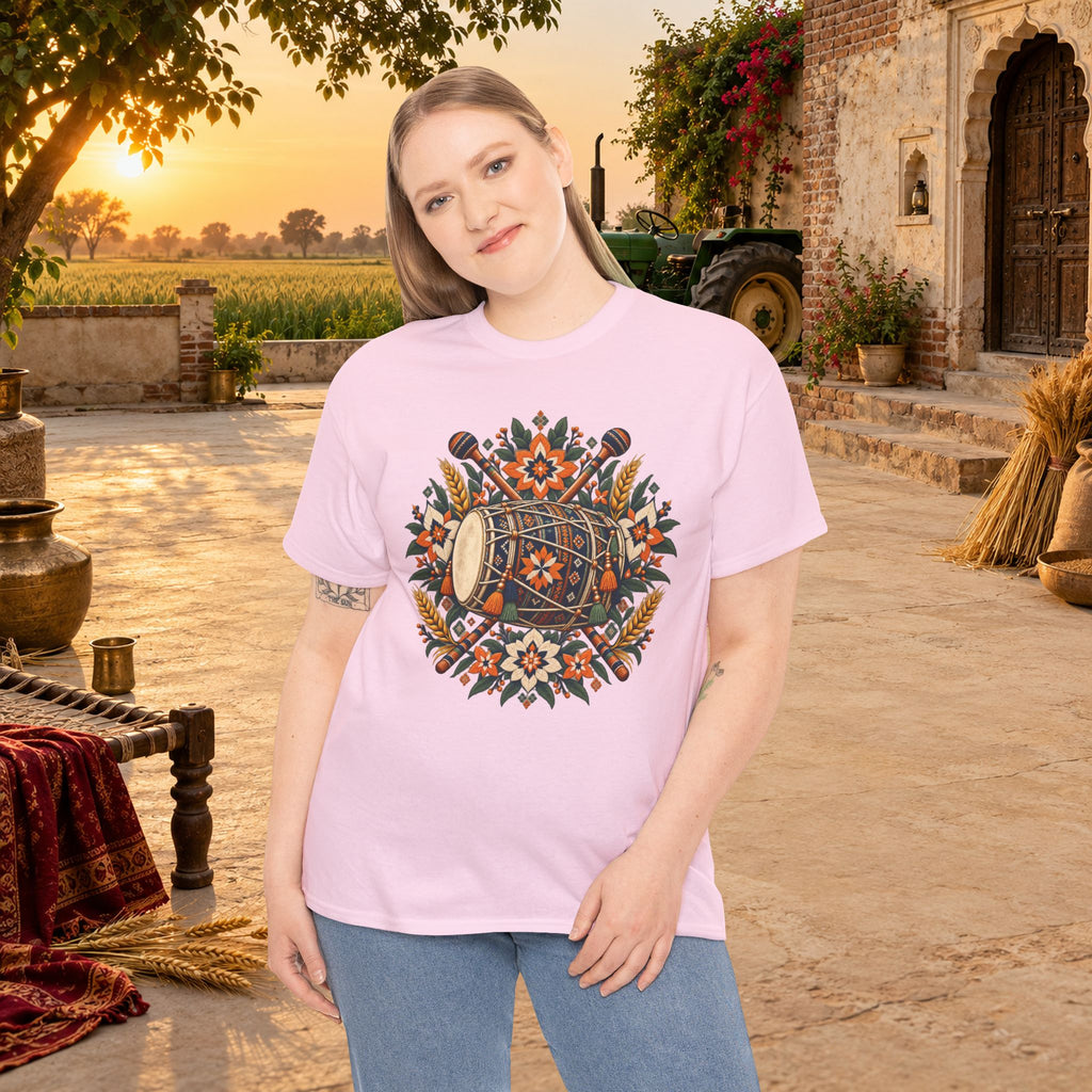 Vintage Folk Art Tractor & Drum Graphic T-Shirt
