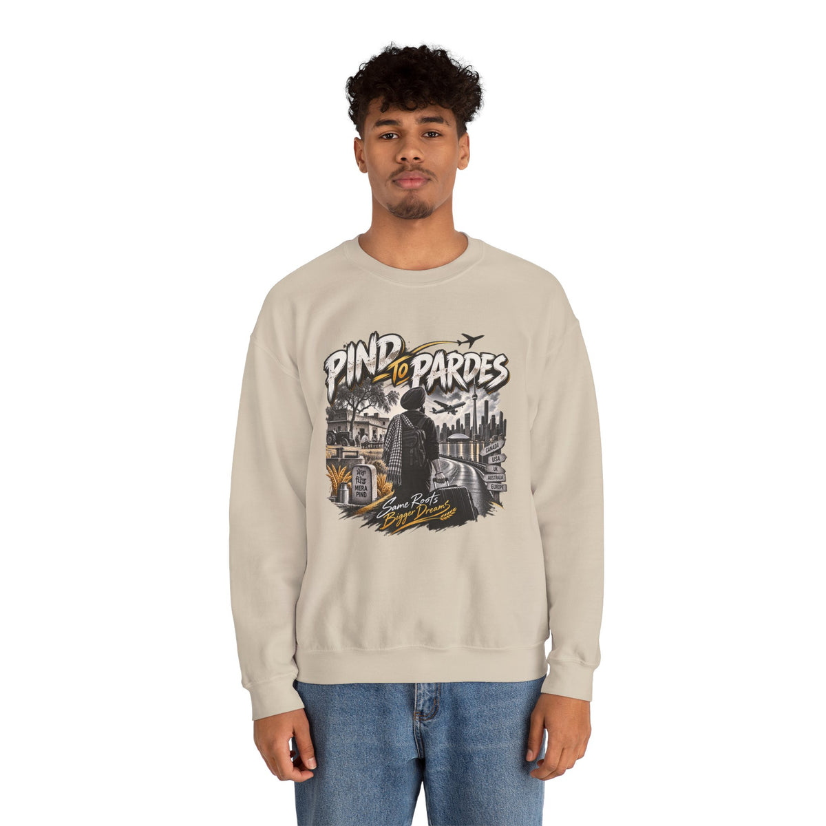 Pind to Pardes Punjabi Diaspora Crewneck Sweatshirt | Travel Art