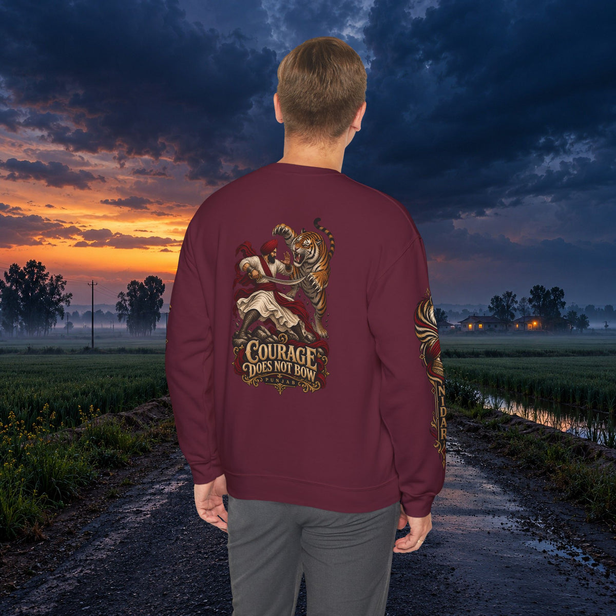 Nidar Courage Does Not Bow Warrior Tiger Crewneck Sweatshirt