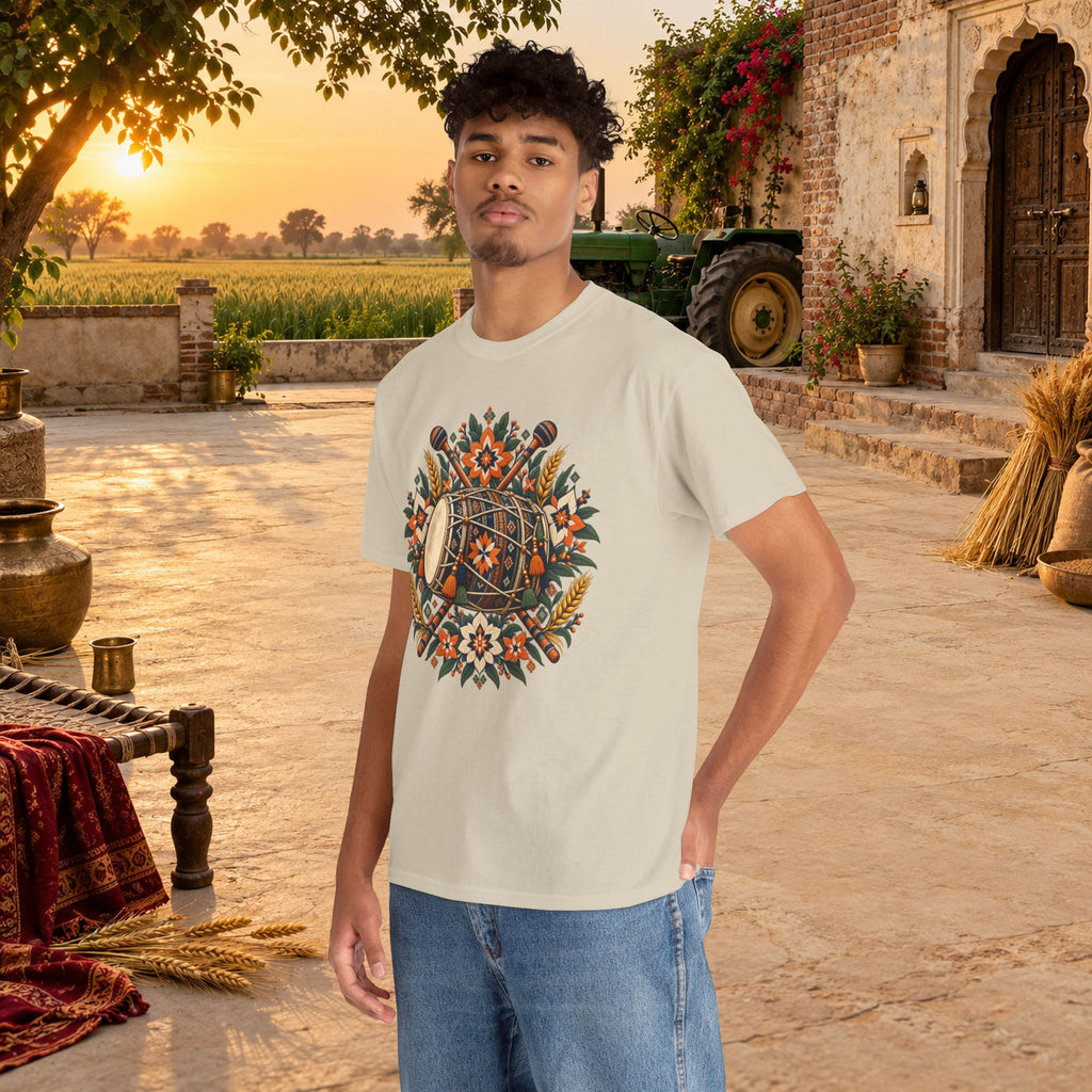Vintage Folk Art Tractor & Drum Graphic T-Shirt
