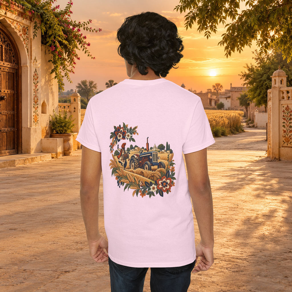 Vintage Folk Art Tractor & Drum Graphic T-Shirt