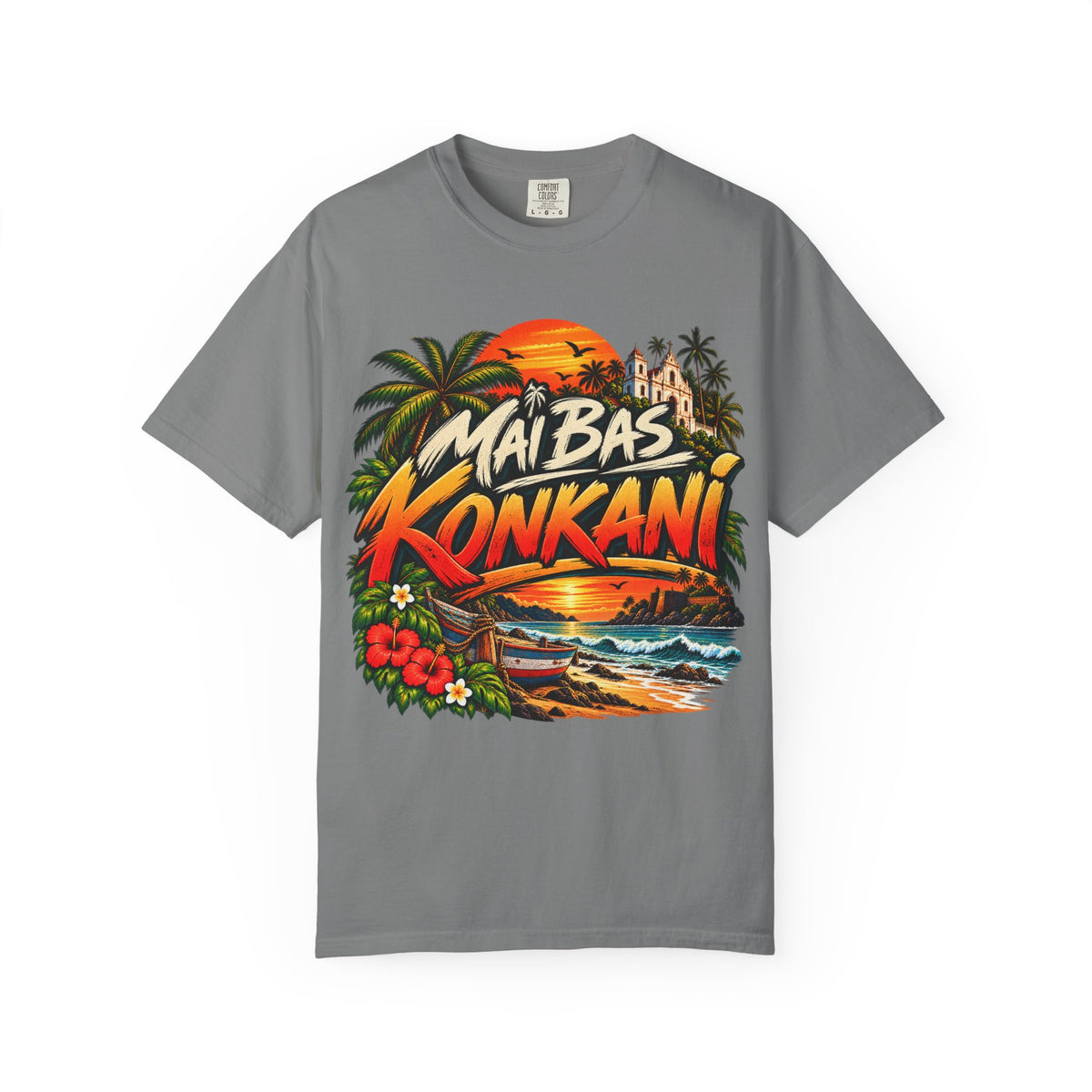 Mai Bas Konkani Sunset T-Shirt | Goan Heritage – product image 4, showing the design and garment or accessory from another view.
