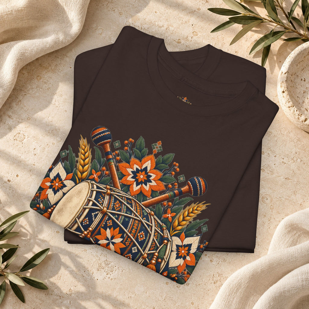 Vintage Folk Art Tractor & Drum Graphic T-Shirt