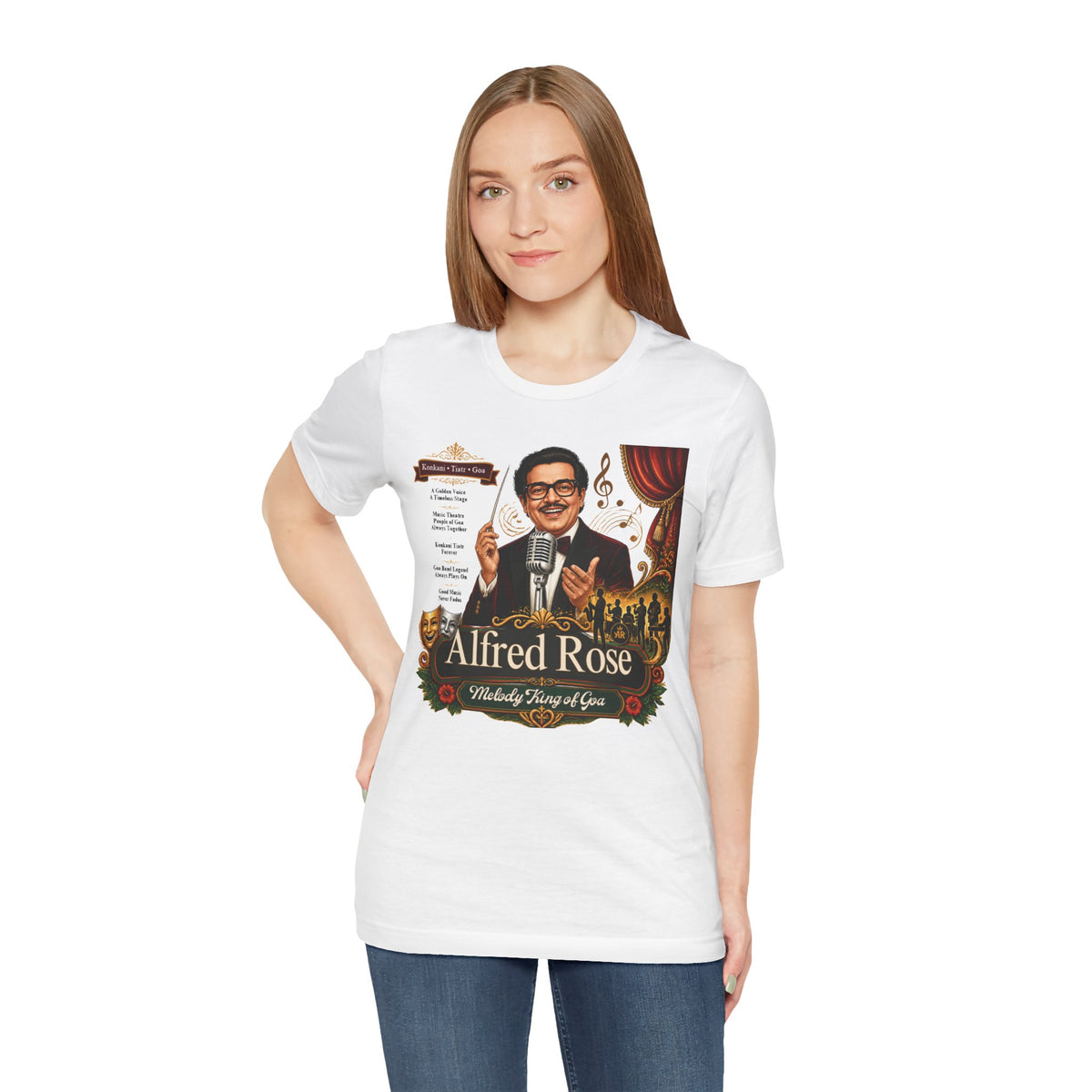 Alfred Rose Melody Brings Us Joy T-shirt with host, curtains and musical notes.