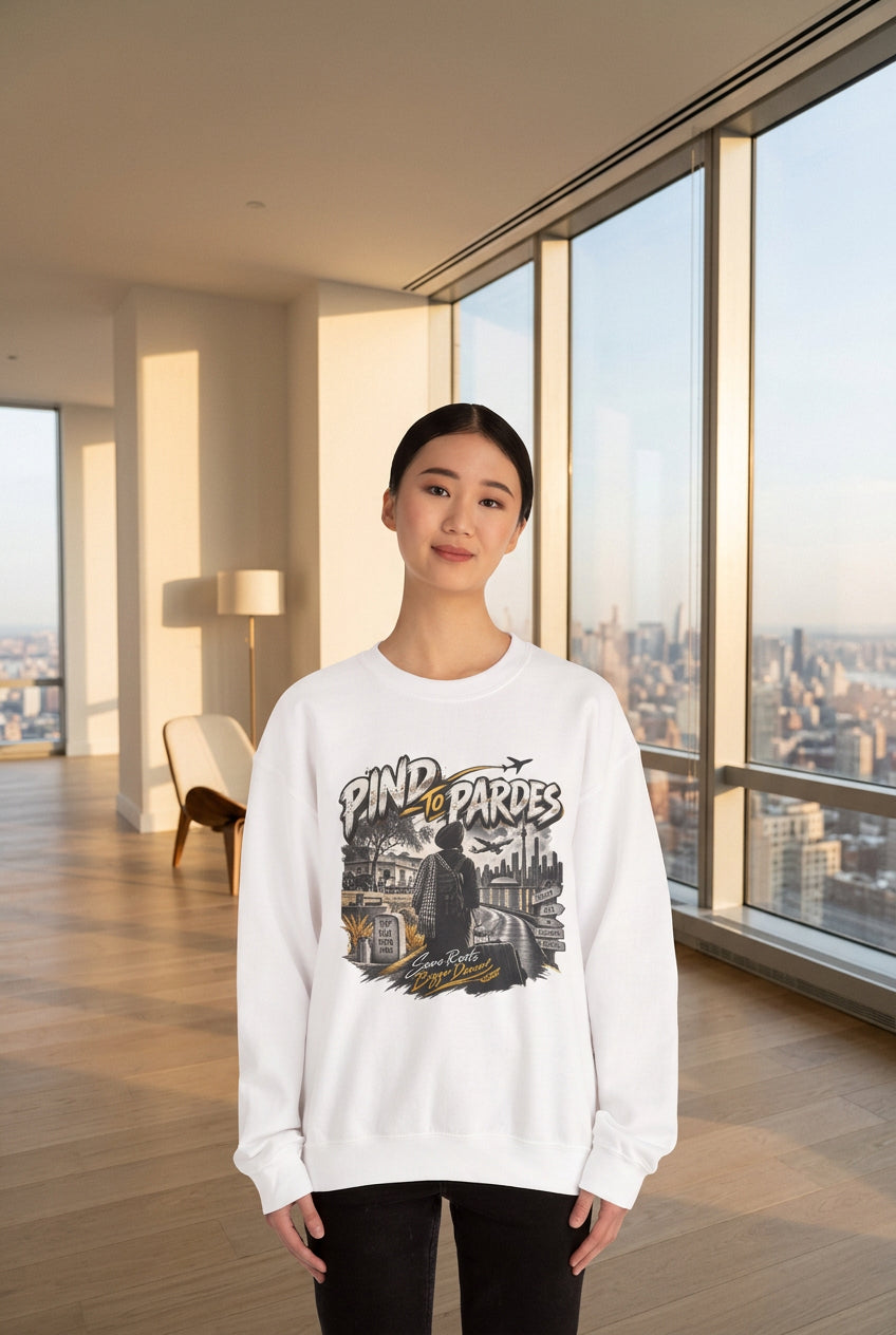 Pind to Pardes Punjabi Diaspora Crewneck Sweatshirt | Travel Art