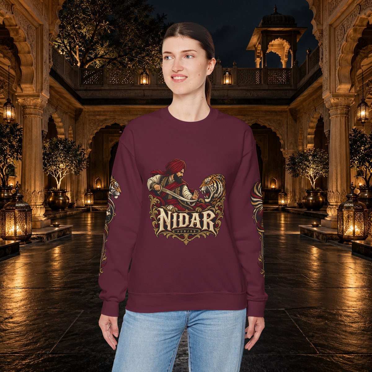Nidar Courage Does Not Bow Warrior Tiger Crewneck Sweatshirt
