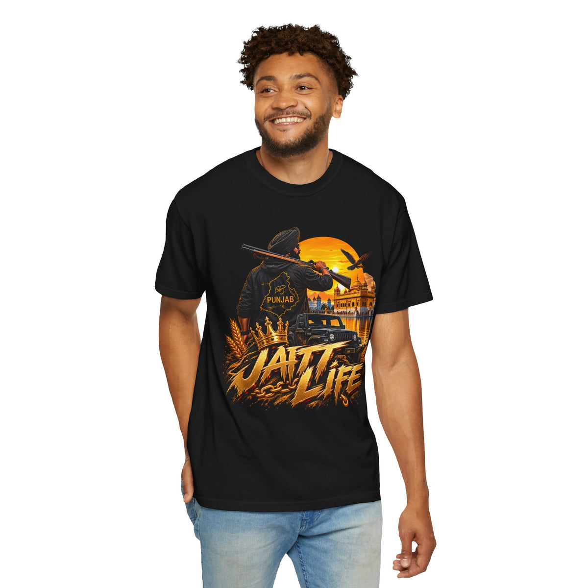 Jatt Life Punjabi heritage graphic with sunset tones, architectural silhouette and a proud figure.