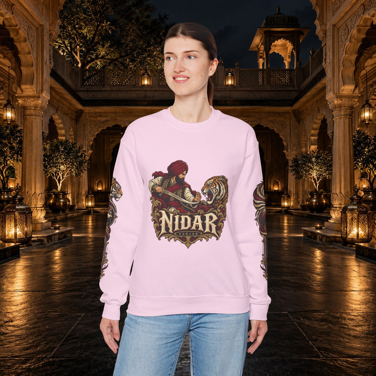 Nidar Courage Does Not Bow Warrior Tiger Crewneck Sweatshirt