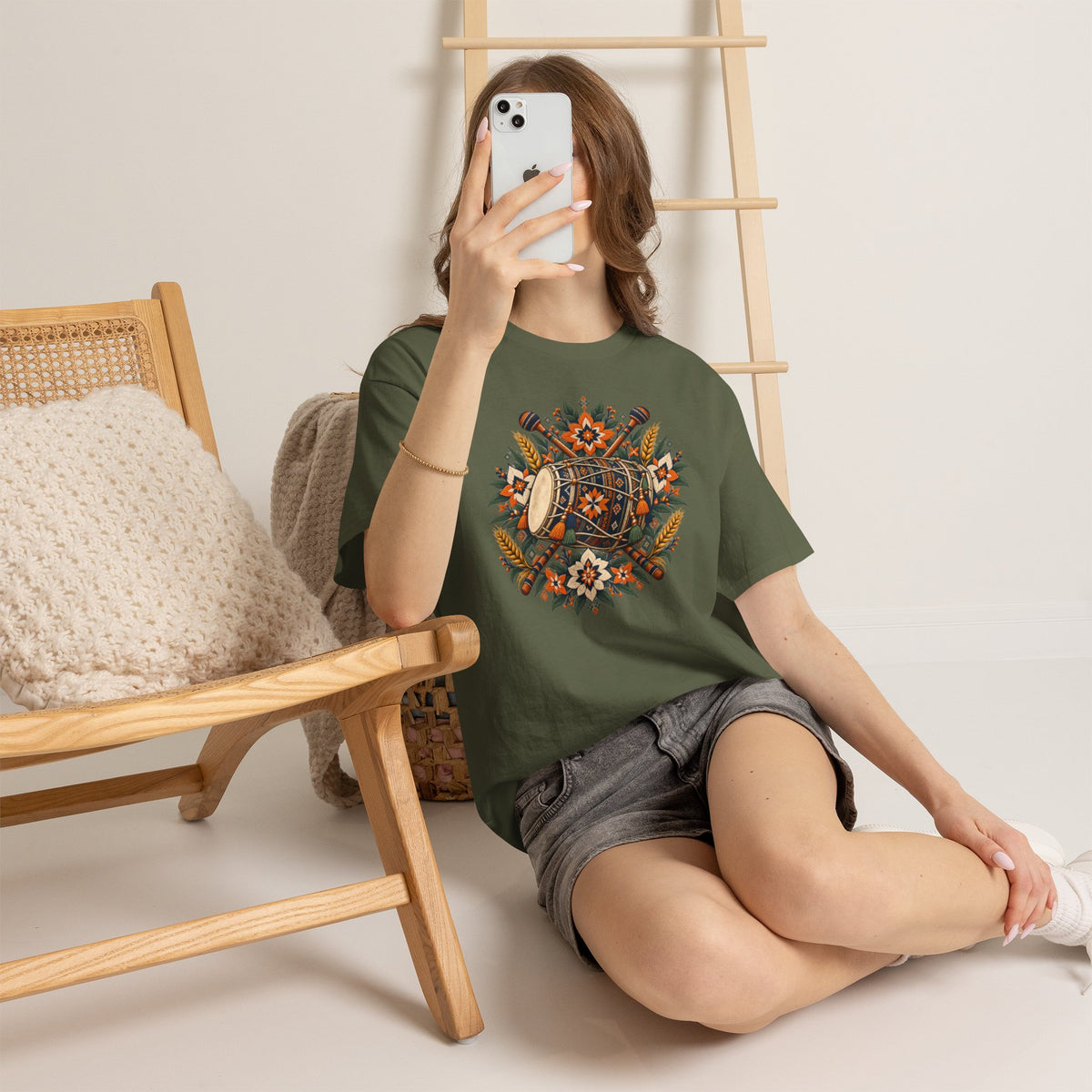 Vintage Folk Art Tractor & Drum Graphic T-Shirt