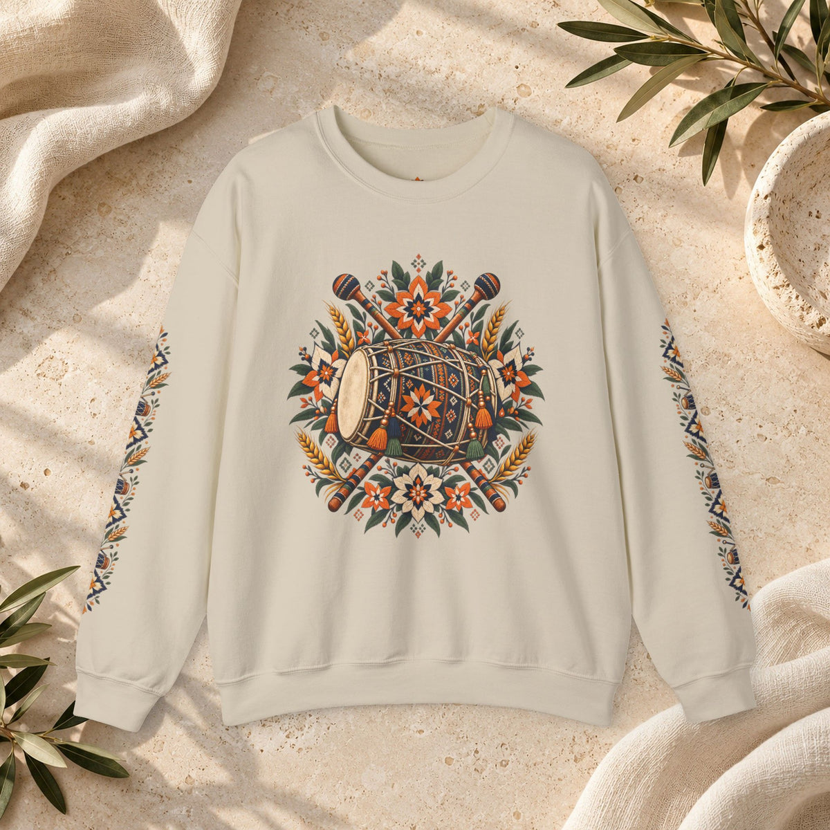 Product gallery view 3 of Boho Folk Drum Sweatshirt – Tribal Music Festival Crewneck