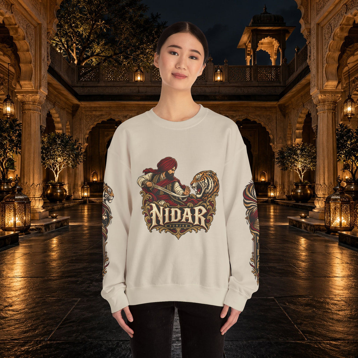 Nidar Courage Does Not Bow Warrior Tiger Crewneck Sweatshirt