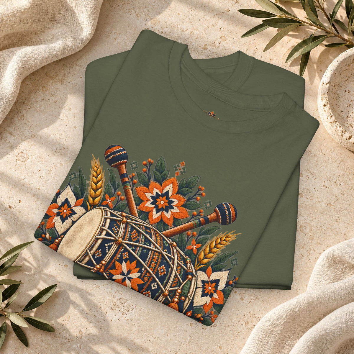 Vintage Folk Art Tractor & Drum Graphic T-Shirt