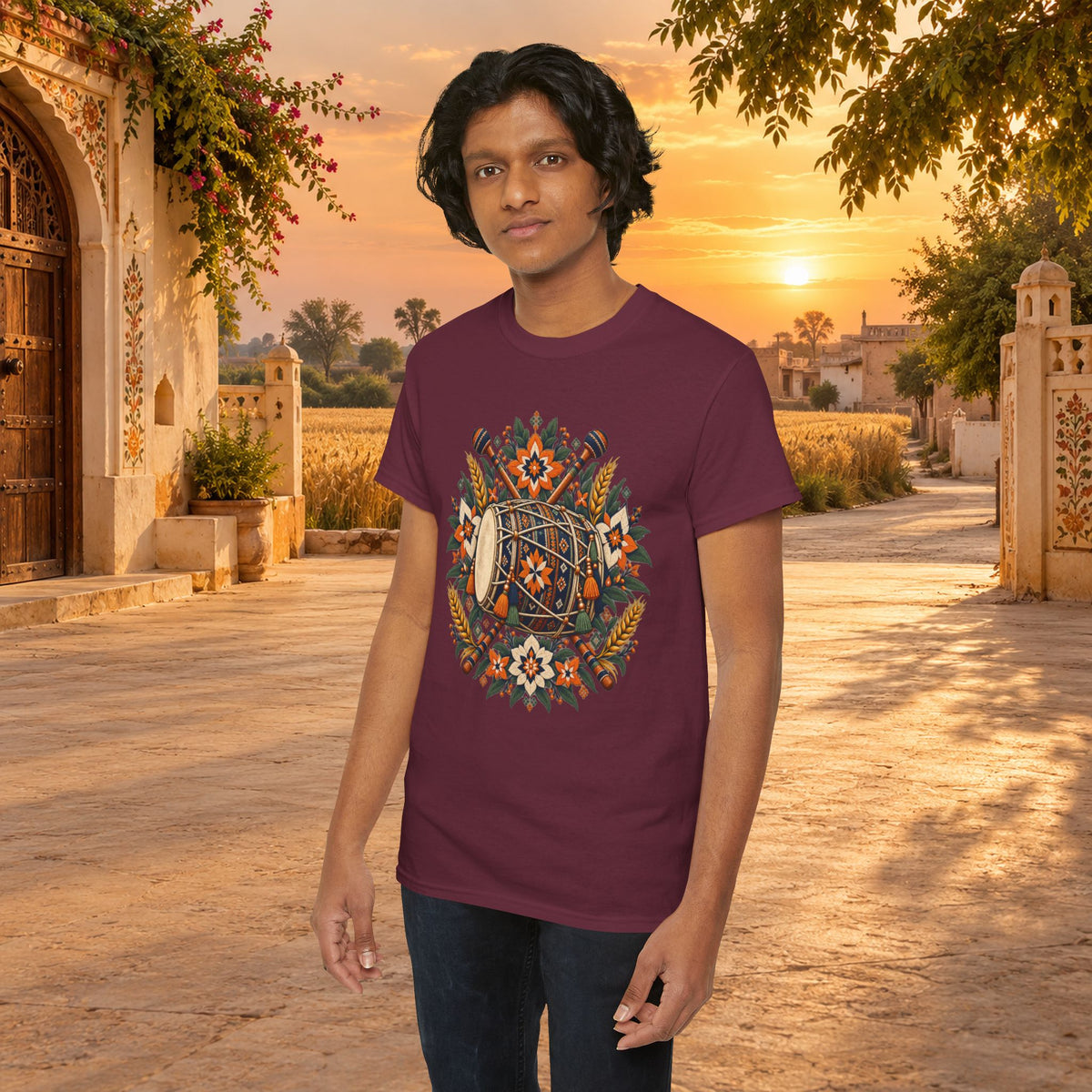 Vintage Folk Art Tractor & Drum Graphic T-Shirt