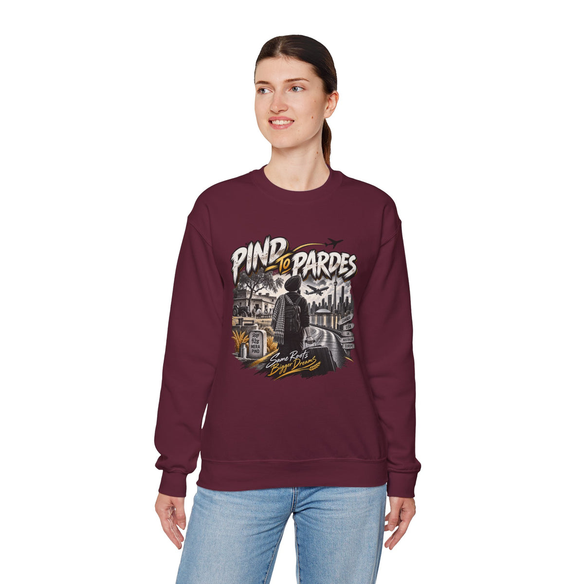 Pind to Pardes Punjabi Diaspora Crewneck Sweatshirt | Travel Art
