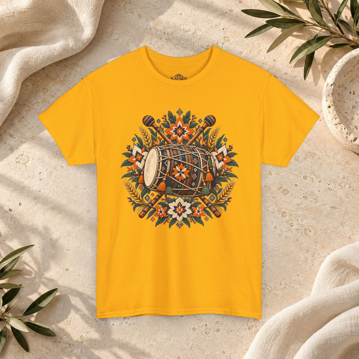 Vintage Folk Art Tractor & Drum Graphic T-Shirt