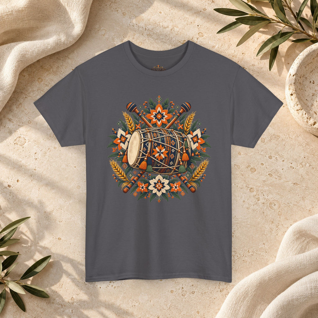 Vintage Folk Art Tractor & Drum Graphic T-Shirt