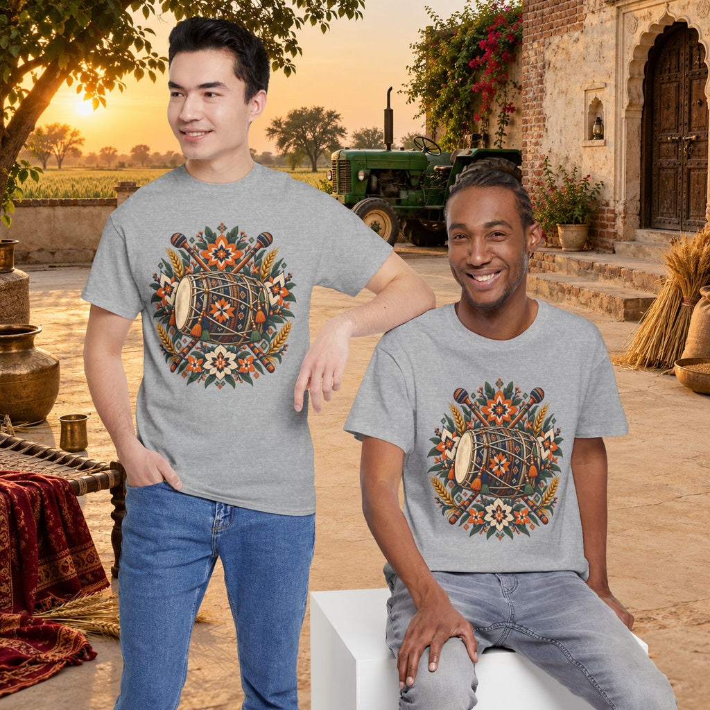 Vintage Folk Art Tractor & Drum Graphic T-Shirt