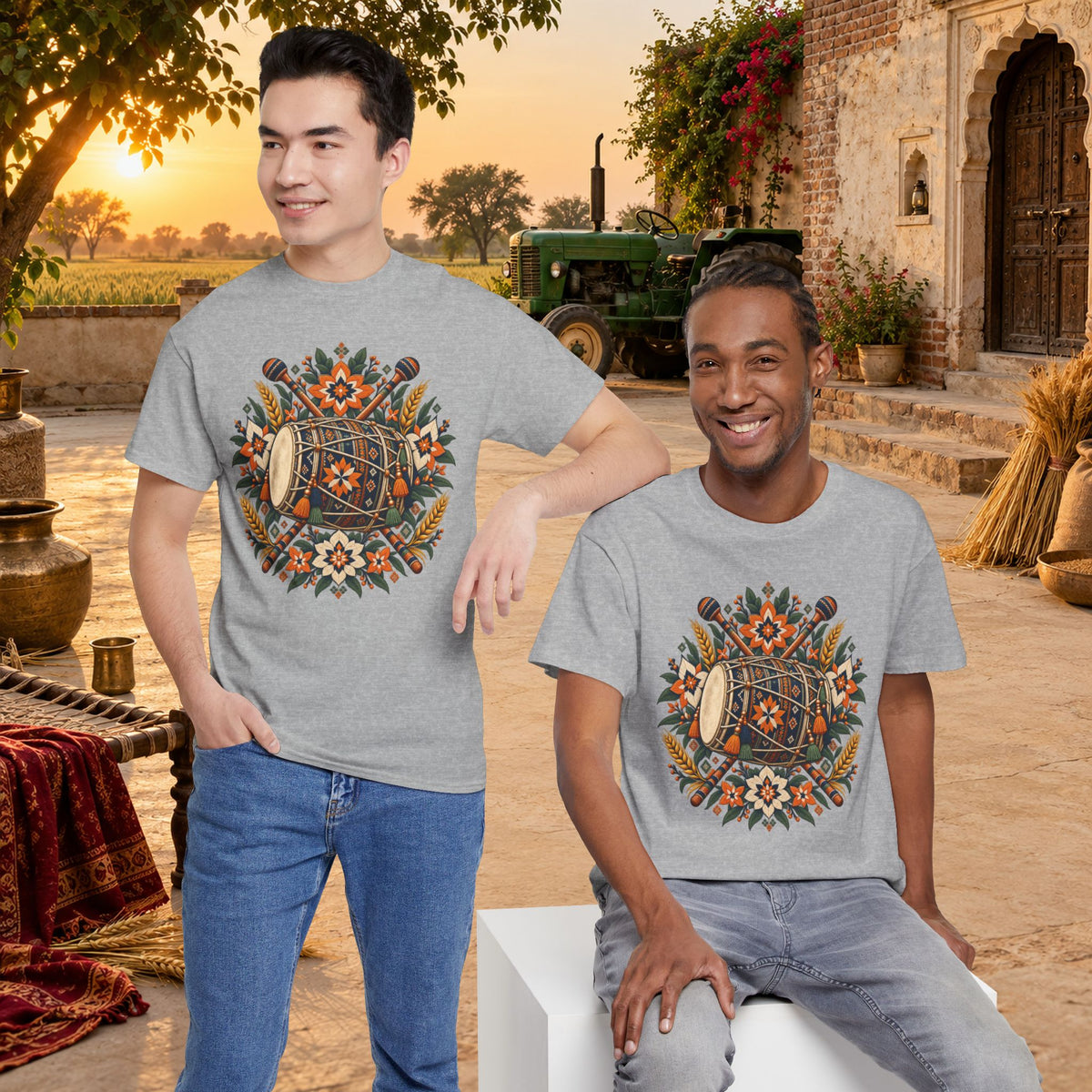 Vintage Folk Art Tractor & Drum Graphic T-Shirt