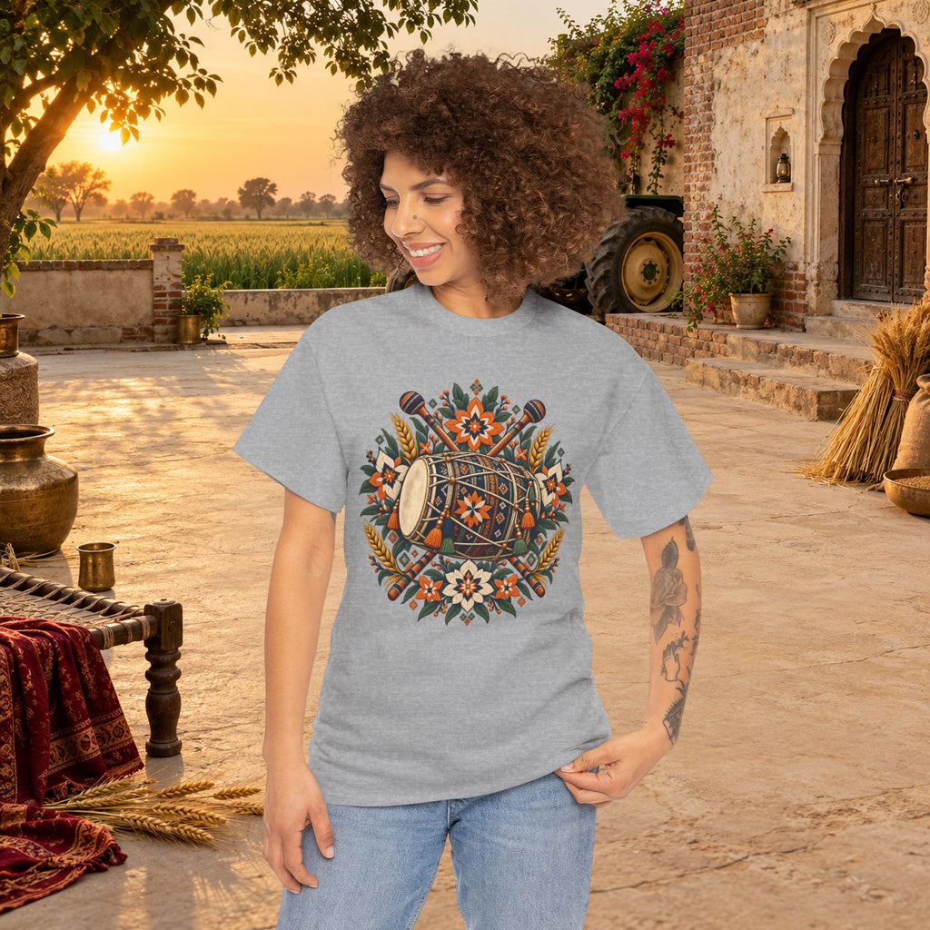 Vintage Folk Art Tractor & Drum Graphic T-Shirt