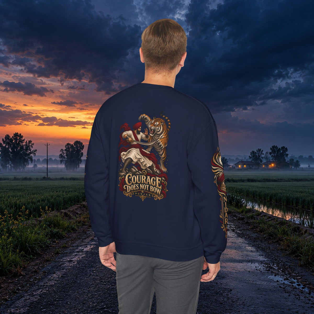 Nidar Courage Does Not Bow Warrior Tiger Crewneck Sweatshirt