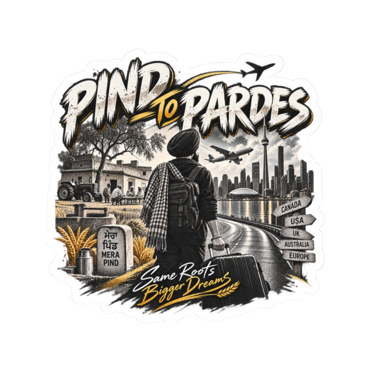 Pind to Pardes Travel Sticker – "Same Roots Bigger Dreams" Punjabi Wanderlust Decal — product image 4
