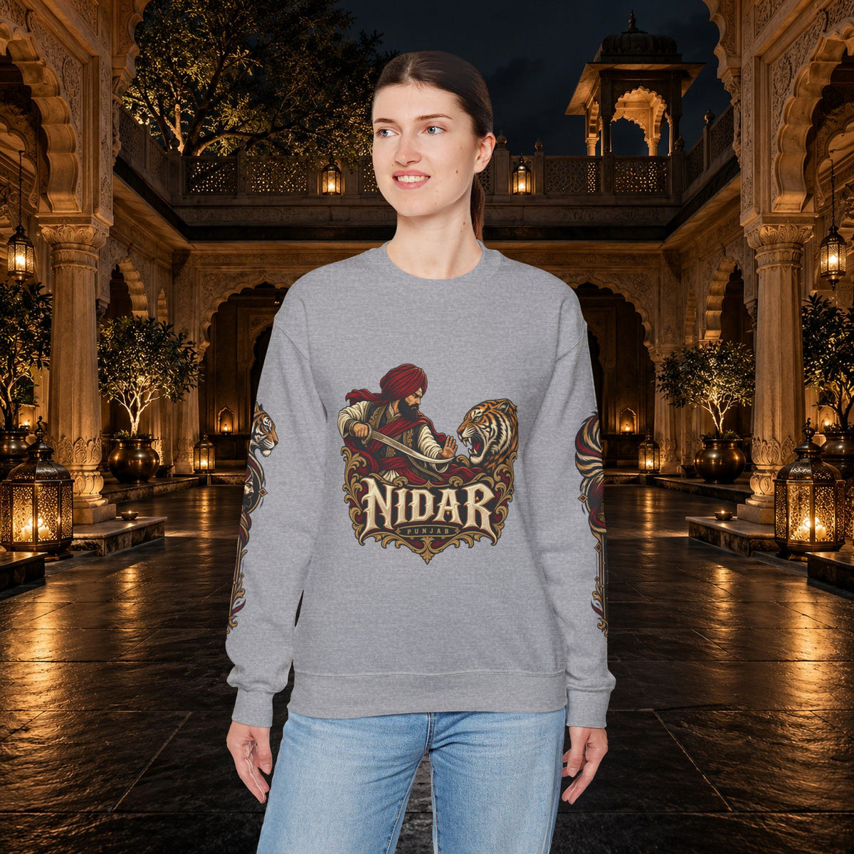 Nidar Courage Does Not Bow Warrior Tiger Crewneck Sweatshirt