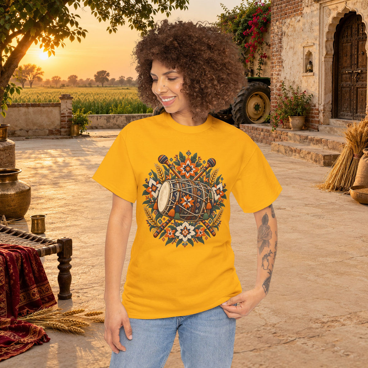 Vintage Folk Art Tractor & Drum Graphic T-Shirt