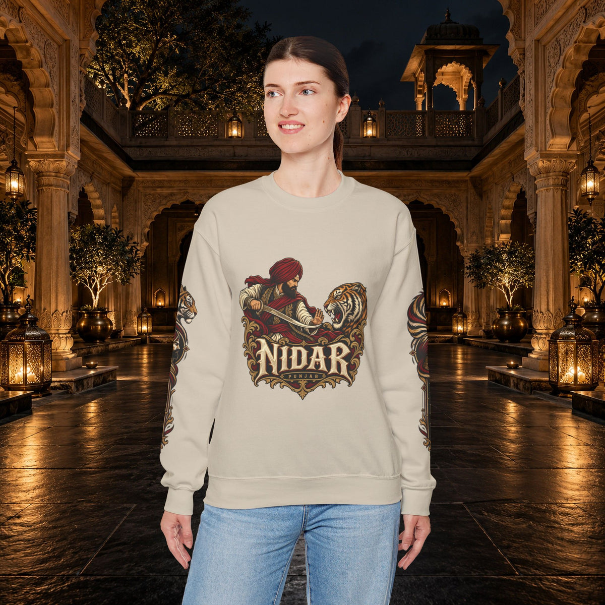Nidar Courage Does Not Bow Warrior Tiger Crewneck Sweatshirt
