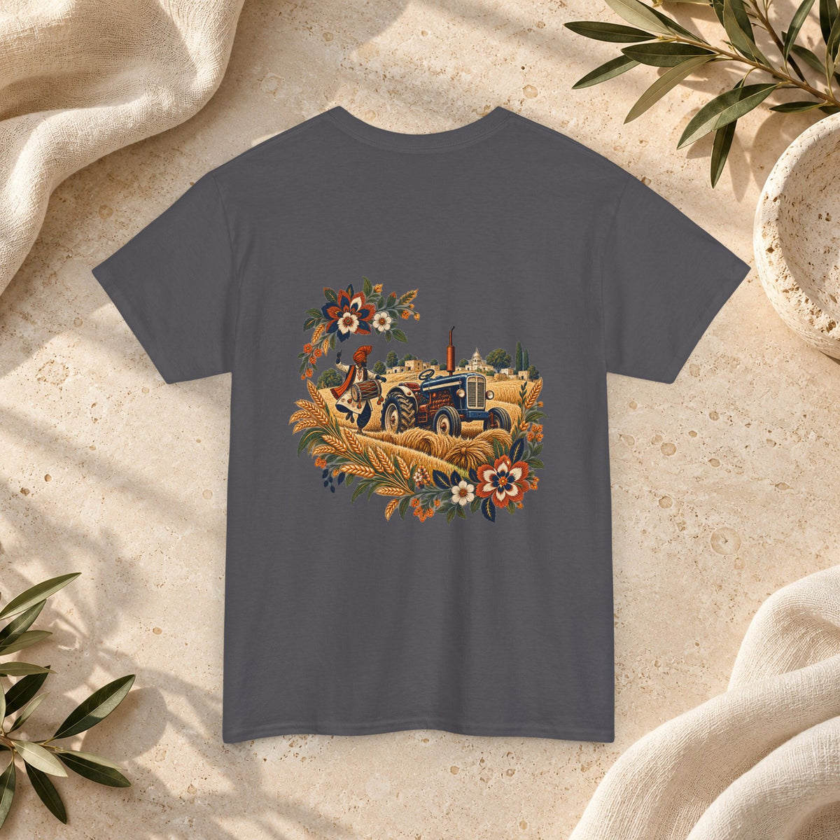 Vintage Folk Art Tractor & Drum Graphic T-Shirt