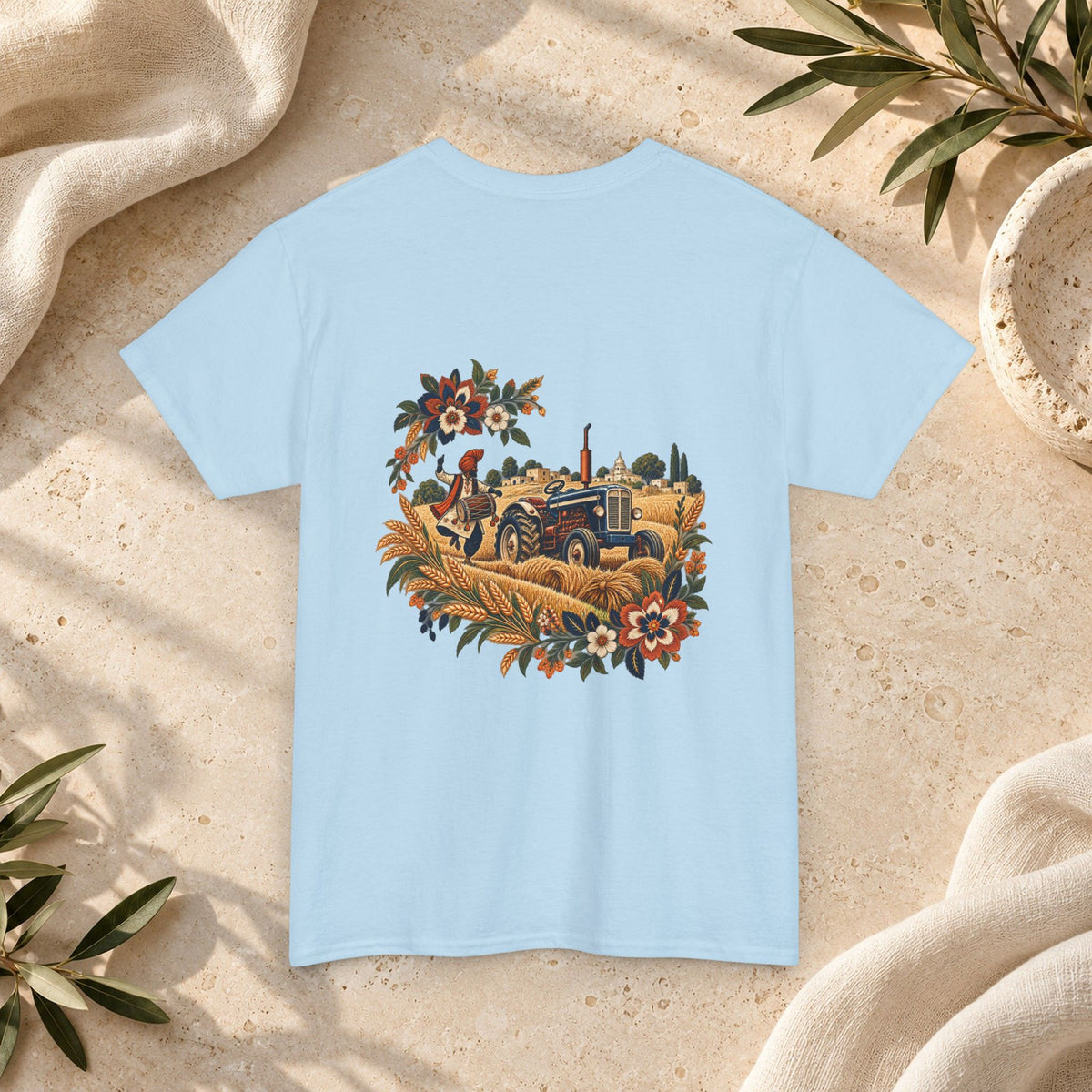 Vintage Folk Art Tractor & Drum Graphic T-Shirt