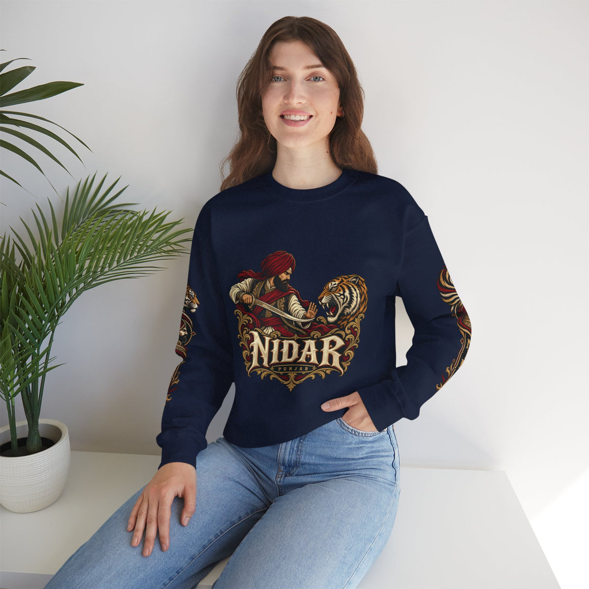 Nidar Courage Does Not Bow Warrior Tiger Crewneck Sweatshirt