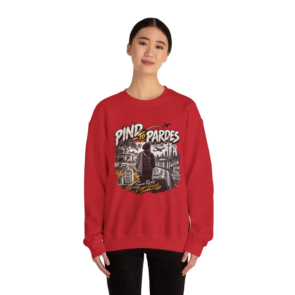Pind to Pardes Punjabi Diaspora Crewneck Sweatshirt | Travel Art