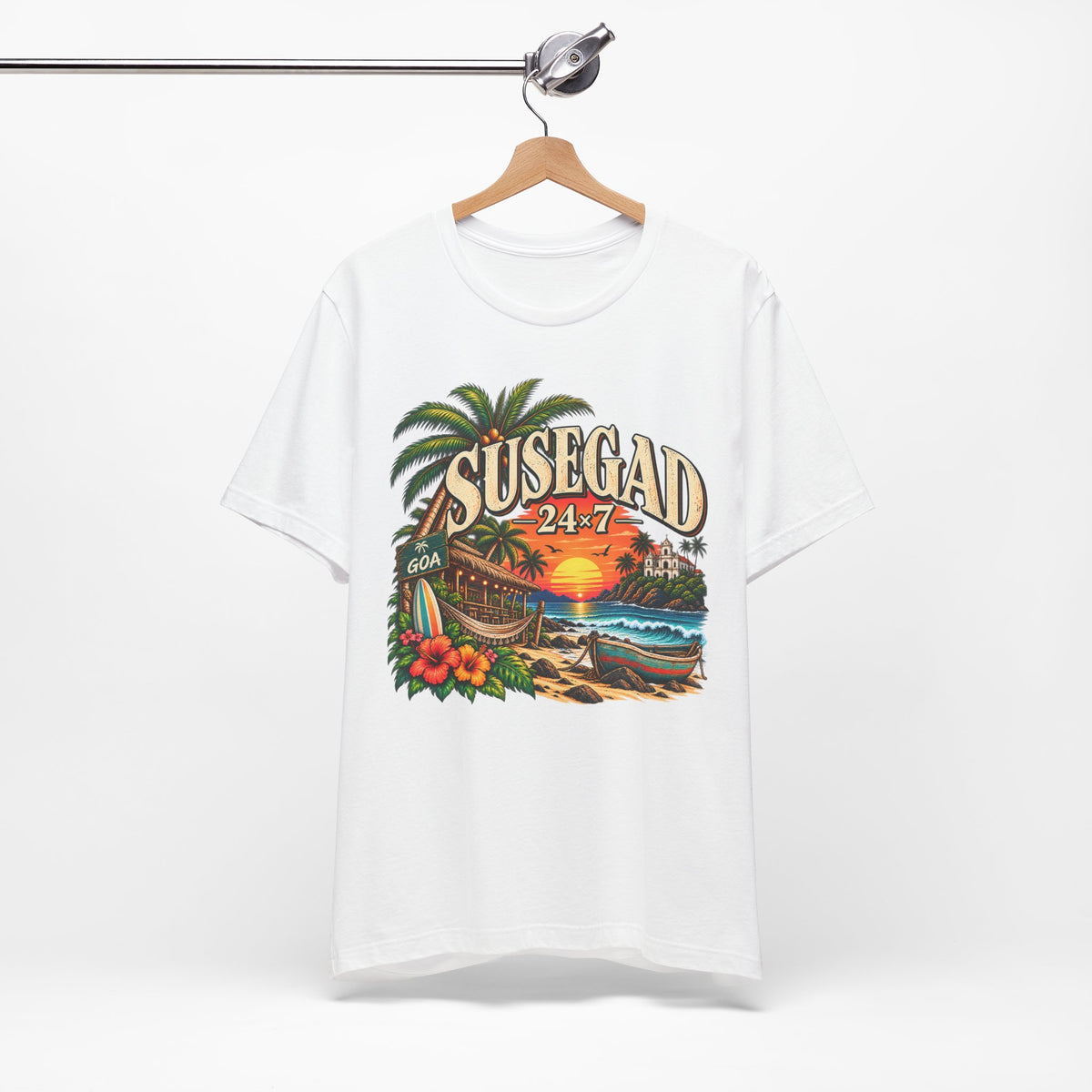 Susegad 24x7 Goa sunset graphic with palms, hammock and surfboard on a jersey T-shirt.