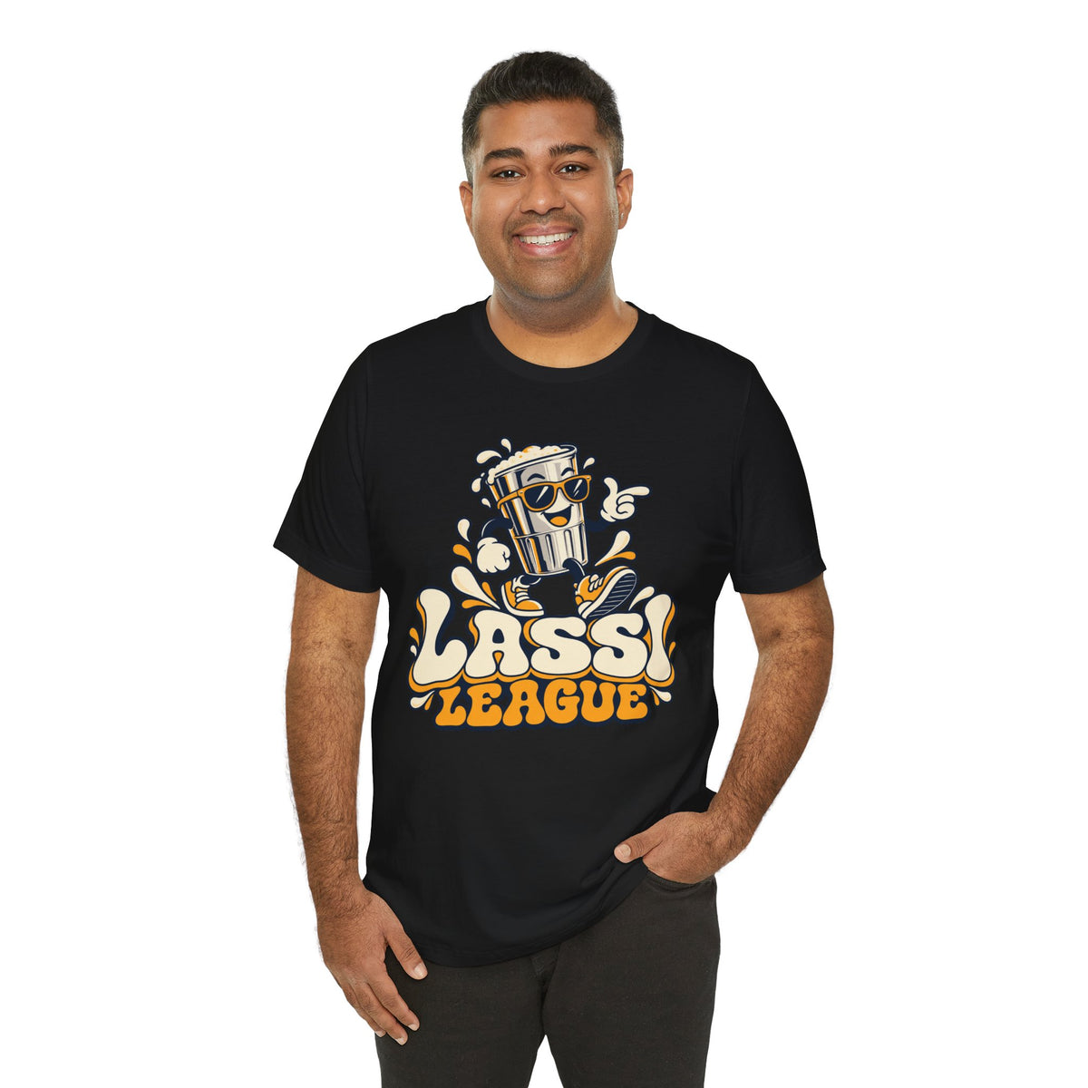 Lassi League T-shirt graphic with a smiling lassi glass in sunglasses, fizzy splashes and retro lettering.