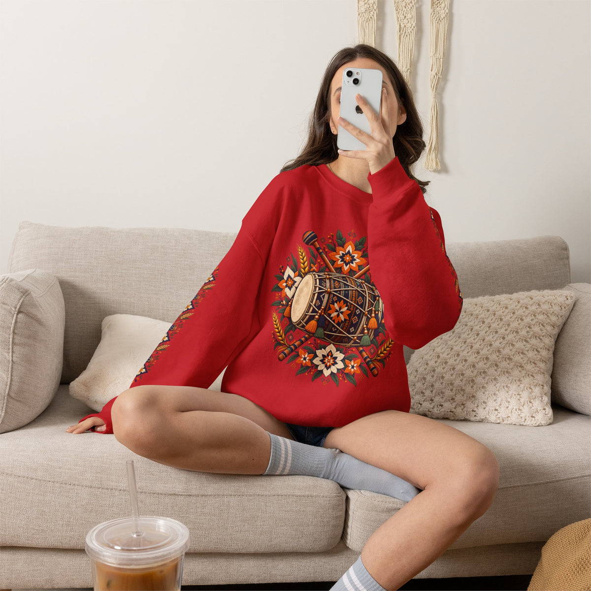 Boho Folk Drum Sweatshirt – Tribal Music Festival Crewneck