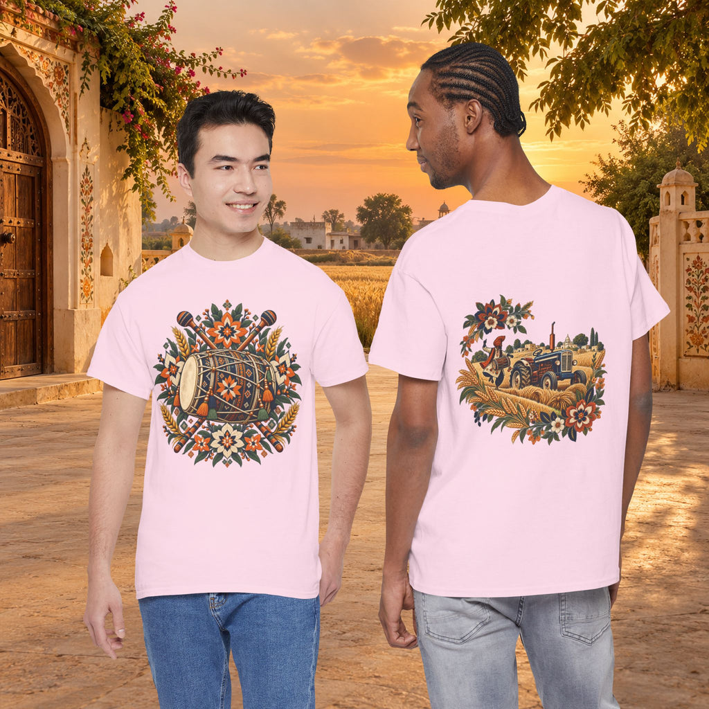 Vintage Folk Art Tractor & Drum Graphic T-Shirt