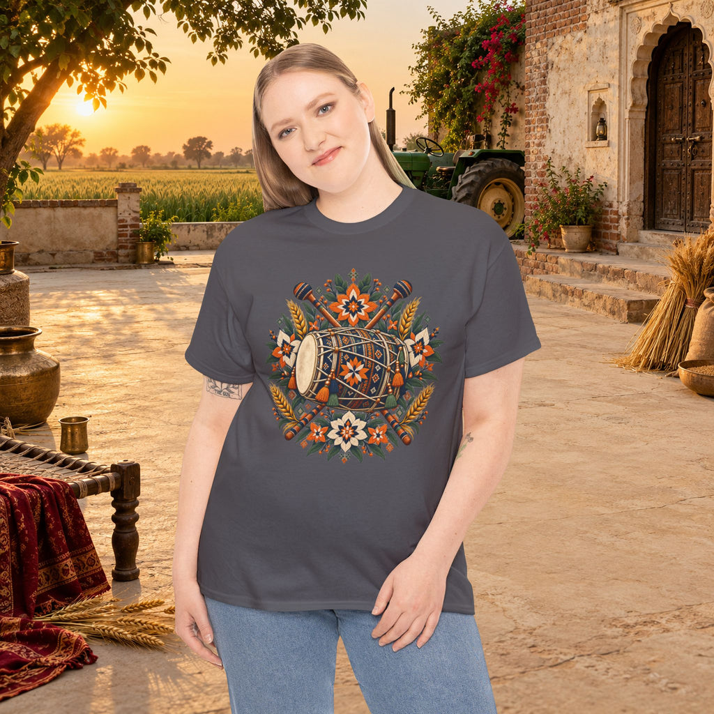 Vintage Folk Art Tractor & Drum Graphic T-Shirt
