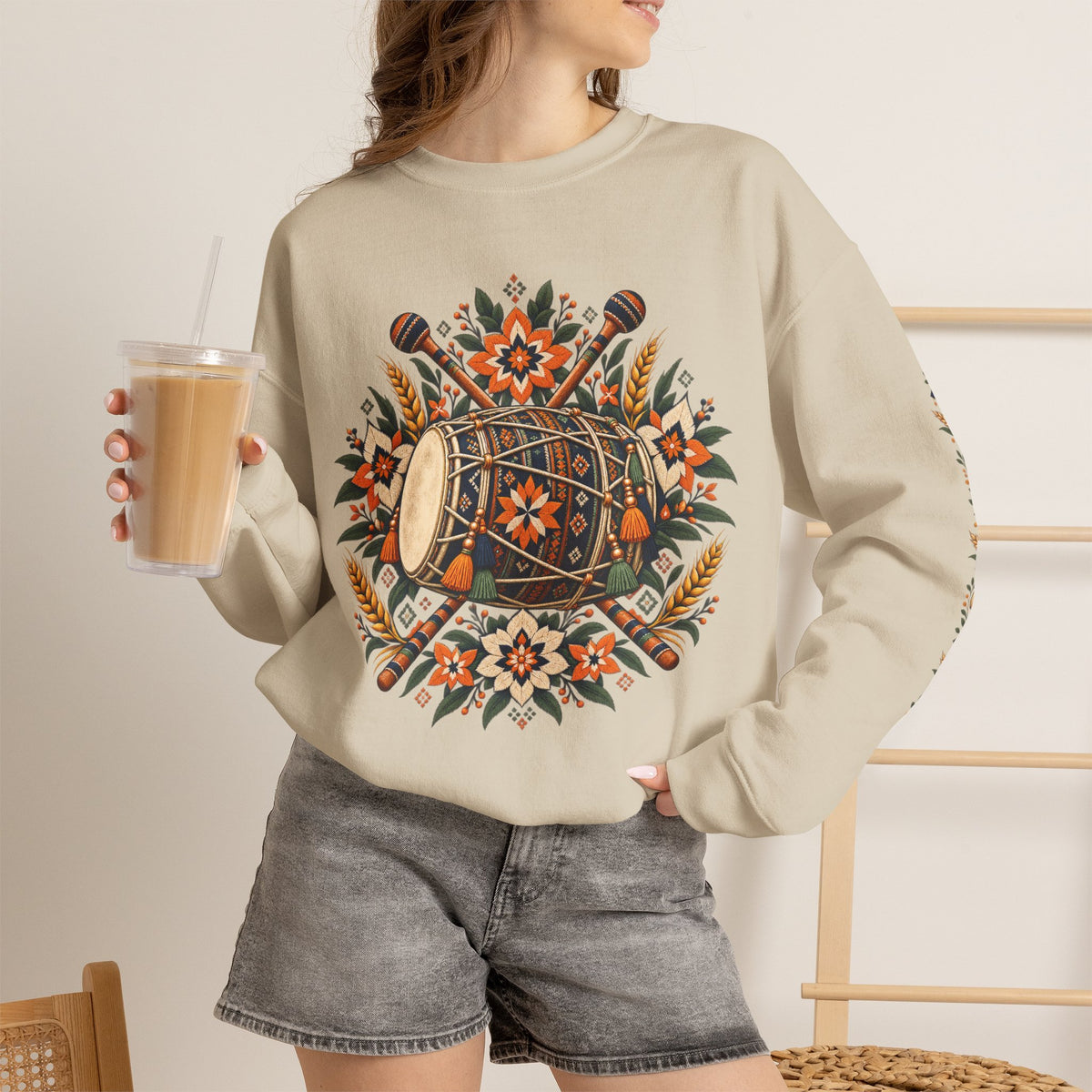 Boho Folk Drum Sweatshirt – Tribal Music Festival Crewneck