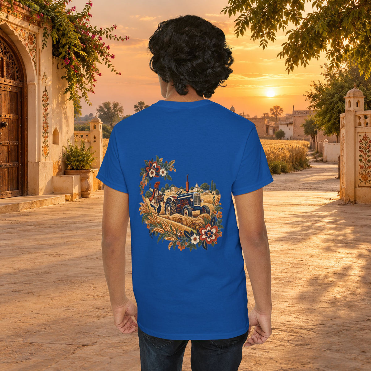 Vintage Folk Art Tractor & Drum Graphic T-Shirt