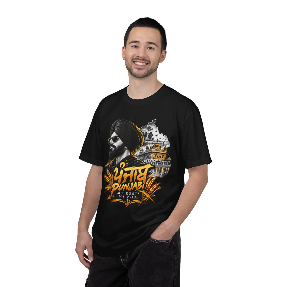 Punjabi Roots graphic with a turbaned figure, Golden Temple imagery and wheat motifs on a relaxed garment-dyed T-shirt.