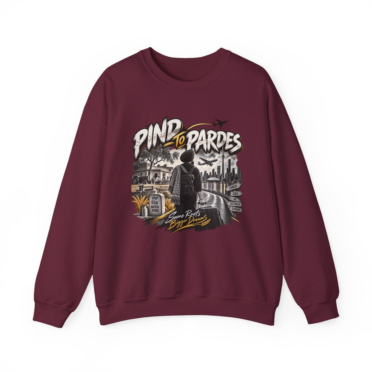Pind to Pardes Punjabi Diaspora Crewneck Sweatshirt | Travel Art
