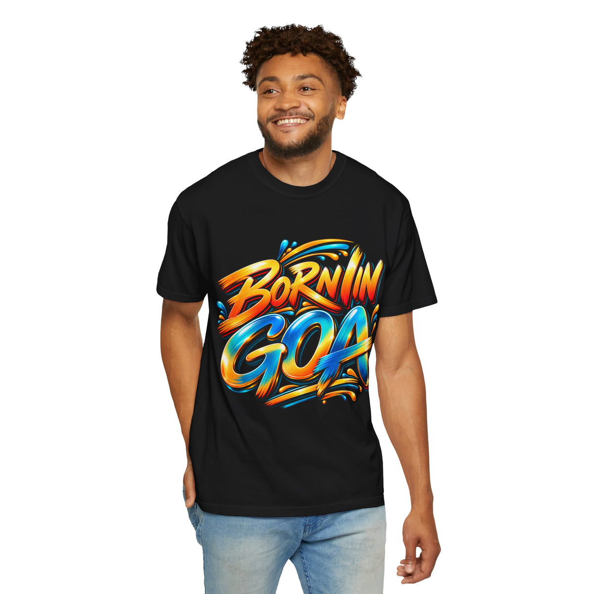 Born in Goa beach typography graphic on a heavyweight garment-dyed T-shirt.