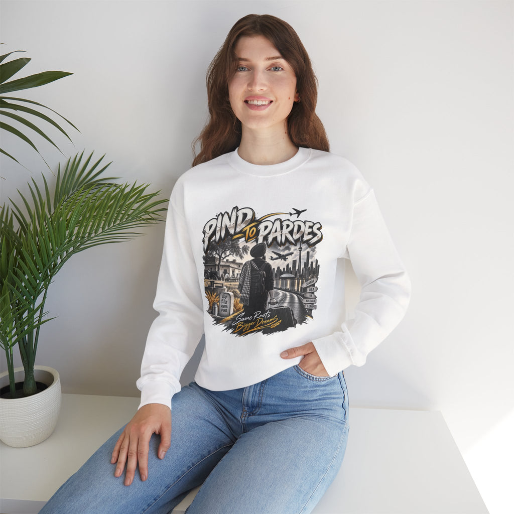 Pind to Pardes Punjabi Diaspora Crewneck Sweatshirt | Travel Art