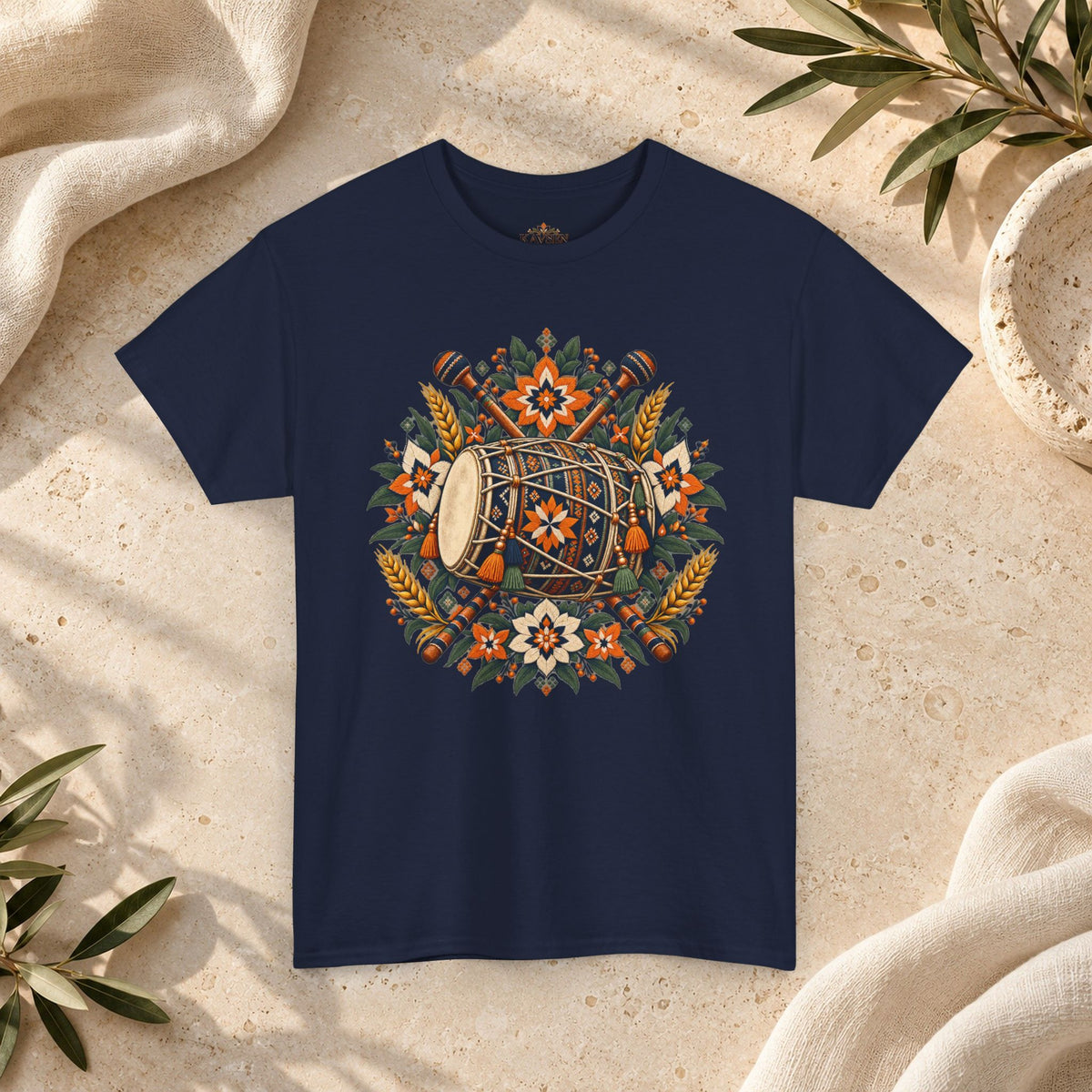 Vintage Folk Art Tractor & Drum Graphic T-Shirt