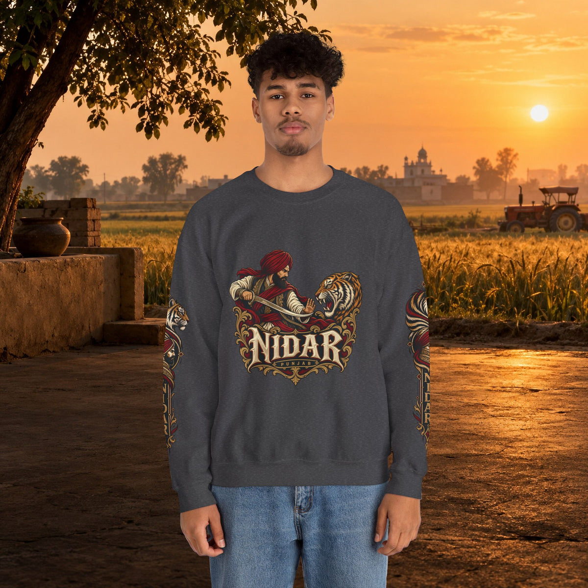 Nidar Courage Does Not Bow Warrior Tiger Crewneck Sweatshirt