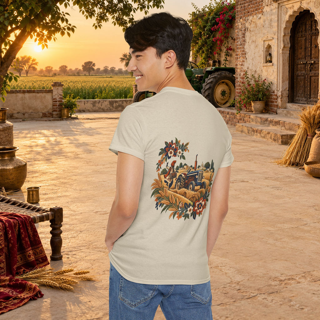 Vintage Folk Art Tractor & Drum Graphic T-Shirt