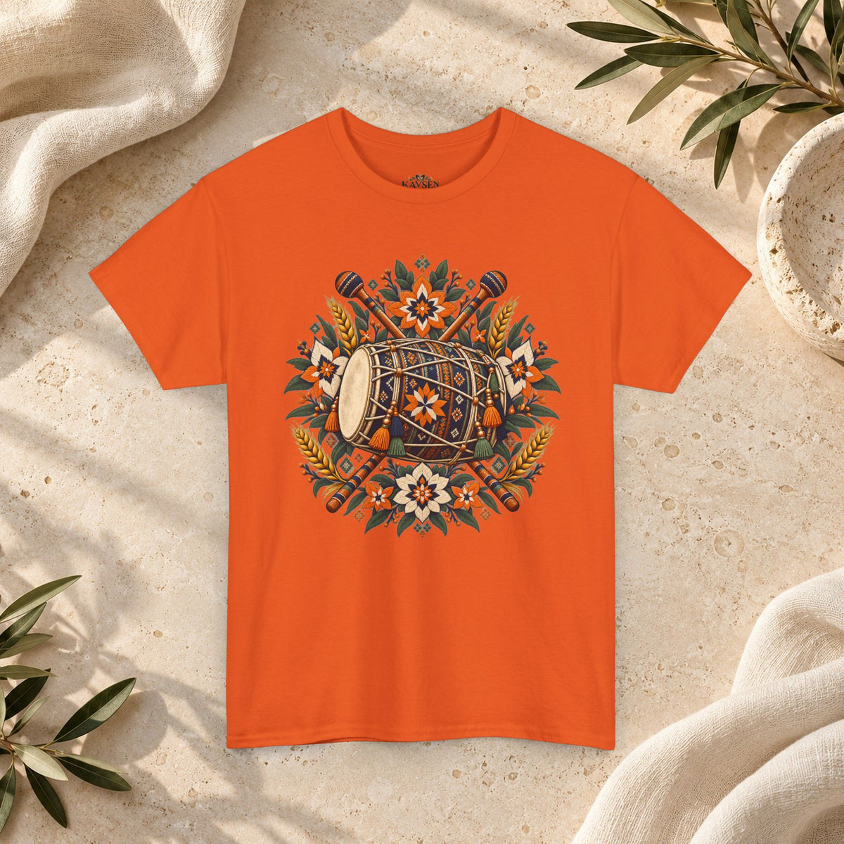 Vintage Folk Art Tractor & Drum Graphic T-Shirt