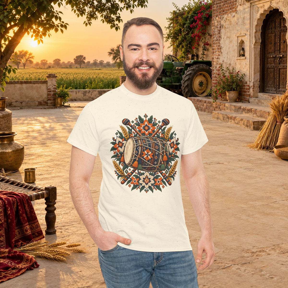 Vintage Folk Art Tractor & Drum Graphic T-Shirt