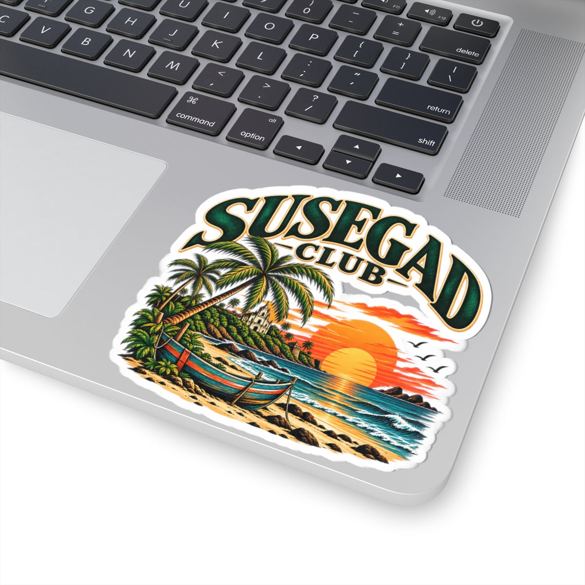 Susegad Club beach sunset kiss-cut sticker with palms and a small boat