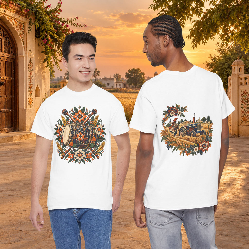 Vintage Folk Art Tractor & Drum Graphic T-Shirt